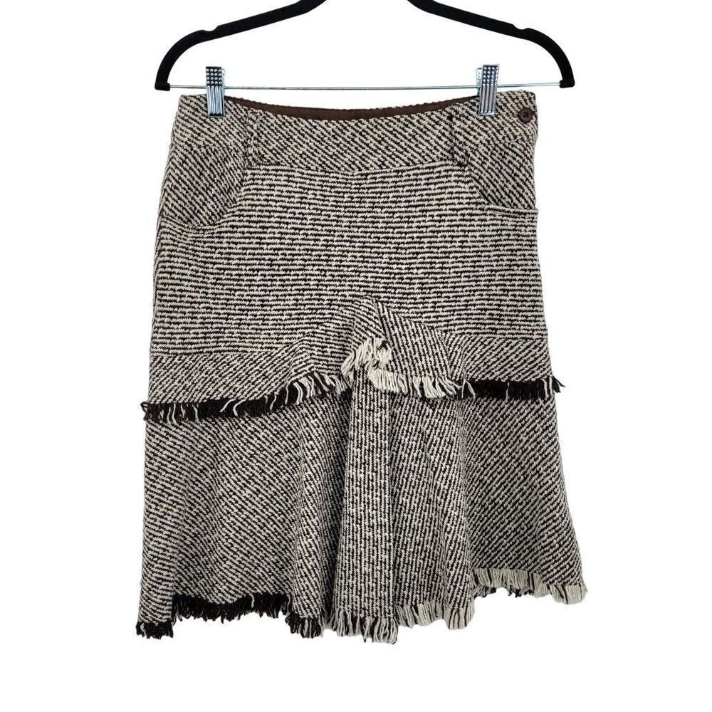 Coquette Twee Tweed Skirt Sz S Brown‎ Tiered Fringed Ruffle Tea Length Pockets